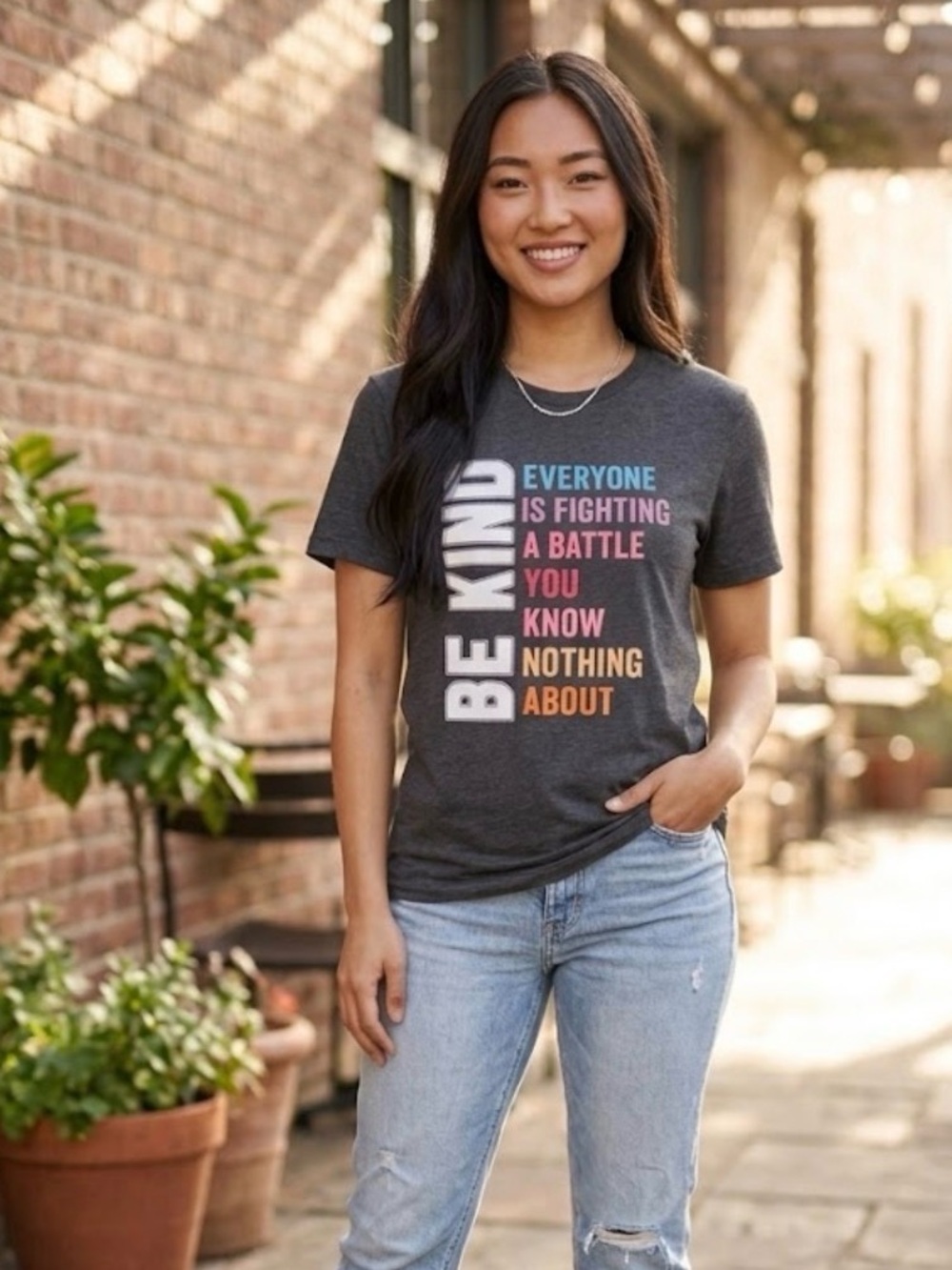 SHEIN BE KIND Graphic Tee Dark Gray Multicolor Short Sleeve Shirt Size Small